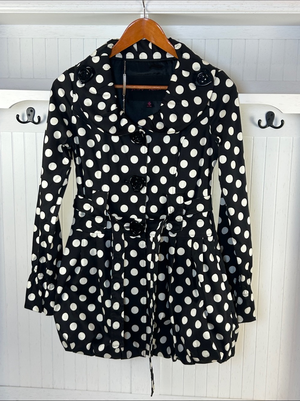 Betsey Johnson Polka Dot Bubble Hem Coat XS Y2K Heart Buttons